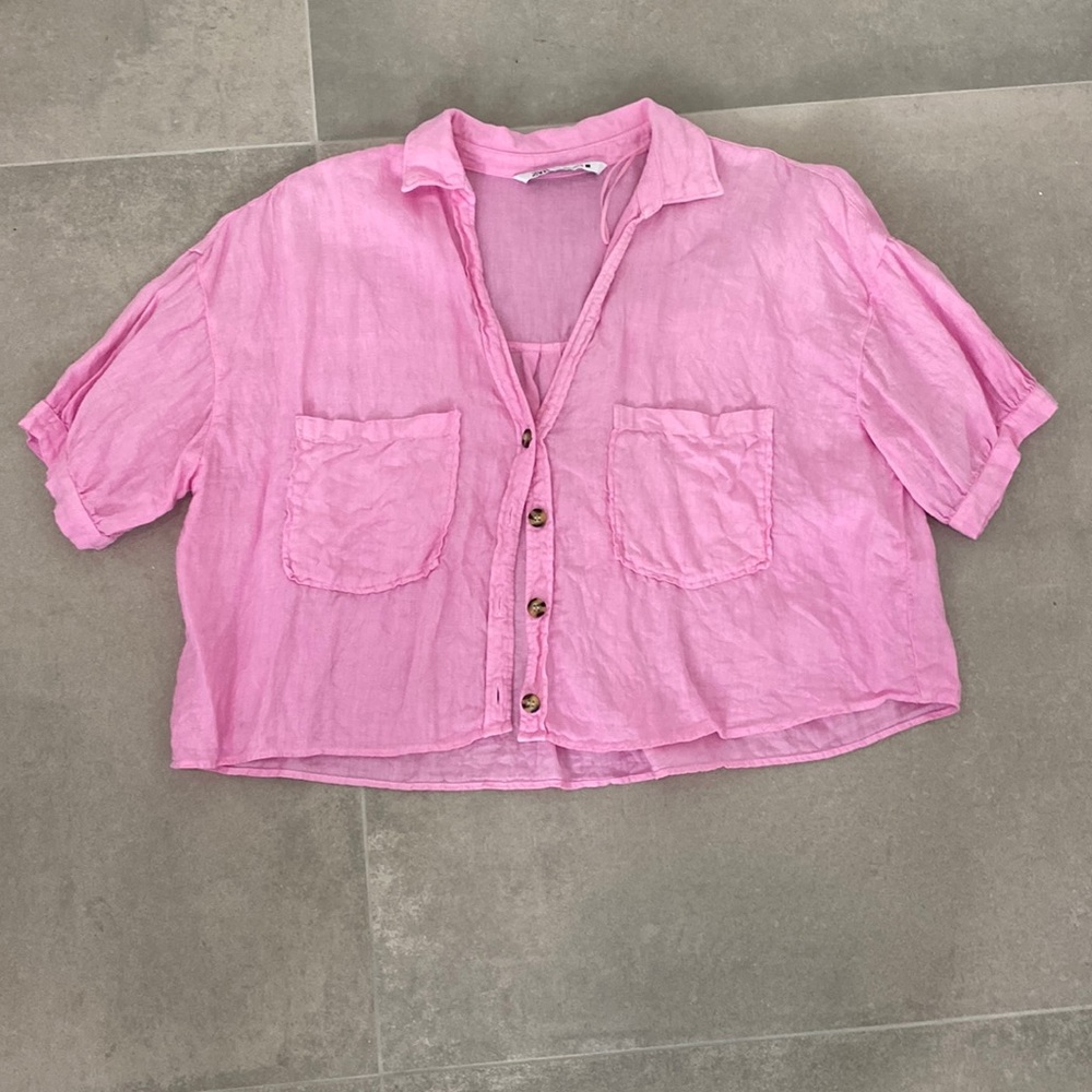 Zara | Linen Pink Cropped Shirt